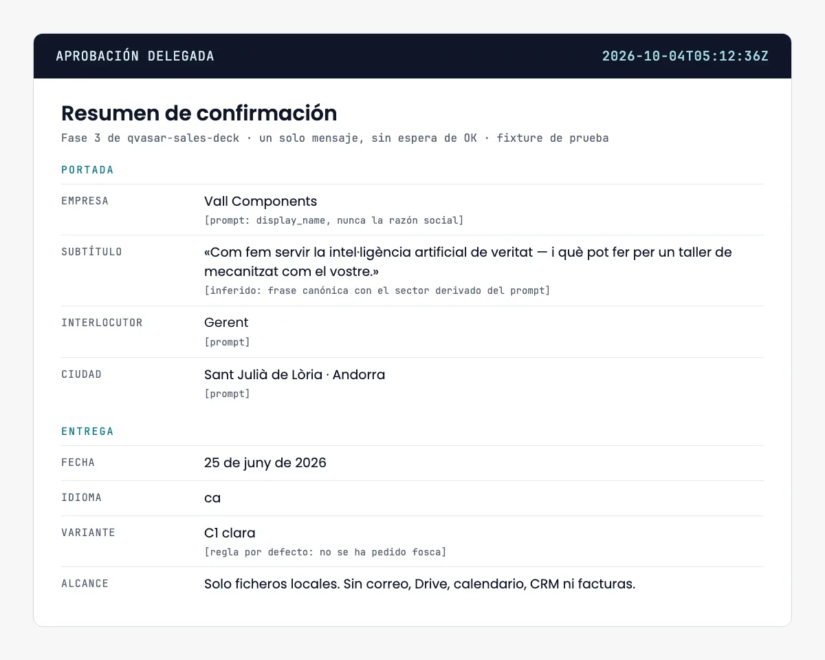 Rebut d'aprovació: el resum que una persona confirma abans que es generi el deck