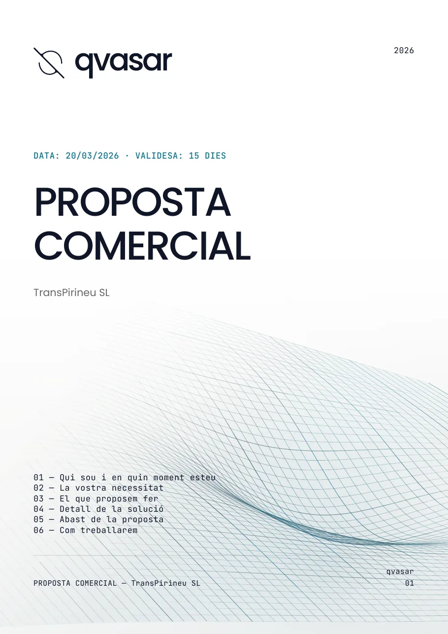 Portada de la proposta comercial per a TransPirineu, una empresa fictícia