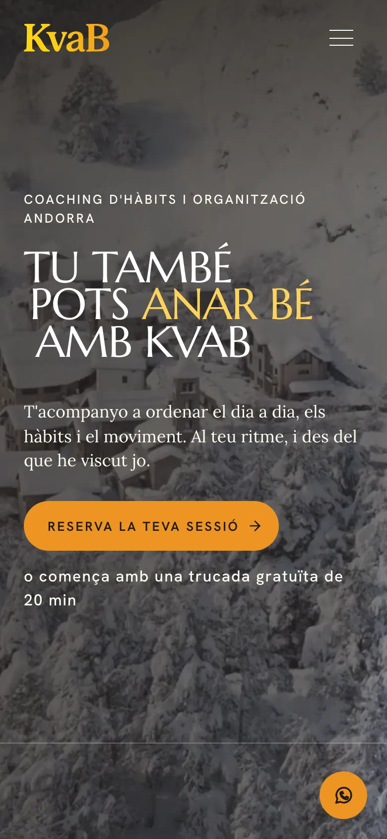 Portada del web de KvaB: titular gran sobre una foto d'un poble nevat (Mòbil)