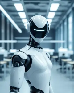 Un robot humanoide blanc, dret enmig d'una oficina oberta, mira a càmera i ofereix la mà.