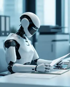Un robot humanoide blanc revisa un full imprès en un escriptori endreçat, amb una impressora al fons.