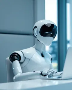 Un robot humanoide blanc escolta, assegut davant d'un portàtil en un lloc d'atenció al client.