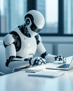 Un robot humanoide blanc repassa una pila de factures impreses al costat d'un portàtil.
