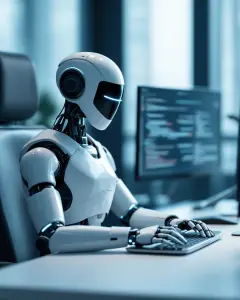 Un robot humanoide blanc tecleja en un escriptori amb dues pantalles de codi.