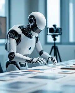 Un robot humanoide blanc ordena proves de fotos sobre una taula d'estudi, amb una càmera al fons.
