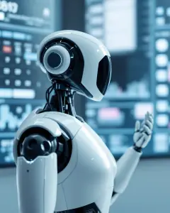 Un robot humanoide blanc assenyala una pantalla de paret amb un calendari i blocs d'horari.