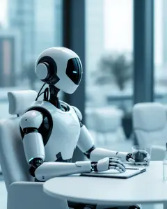 Un robot humanoide blanc seu a una taula rodona d'una sala de reunions, davant d'una cadira buida.