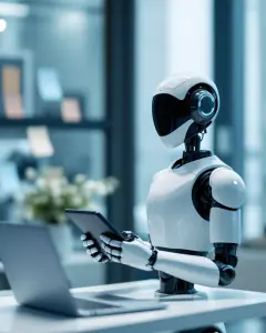 Un robot humanoide blanc consulta una tauleta, dret al costat d'un portàtil.