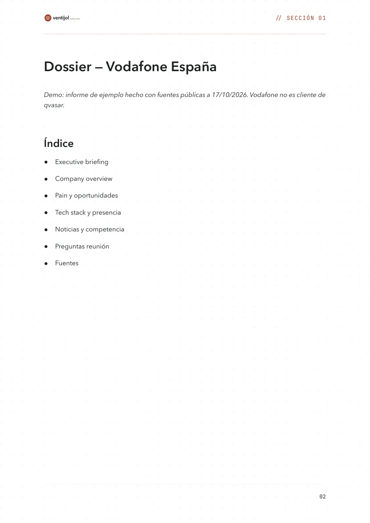 Índex del dossier, amb la nota que és una demo feta amb fonts públiques i que Vodafone no és client de qvasar: resum executiu, empresa, dolors i oportunitats, tecnologia i presència, notícies i competència, preguntes per a la reunió i fonts