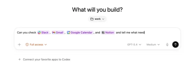 Captura de l'app de Codex: li demanen que revisi Slack, Gmail, Google Calendar i Notion.