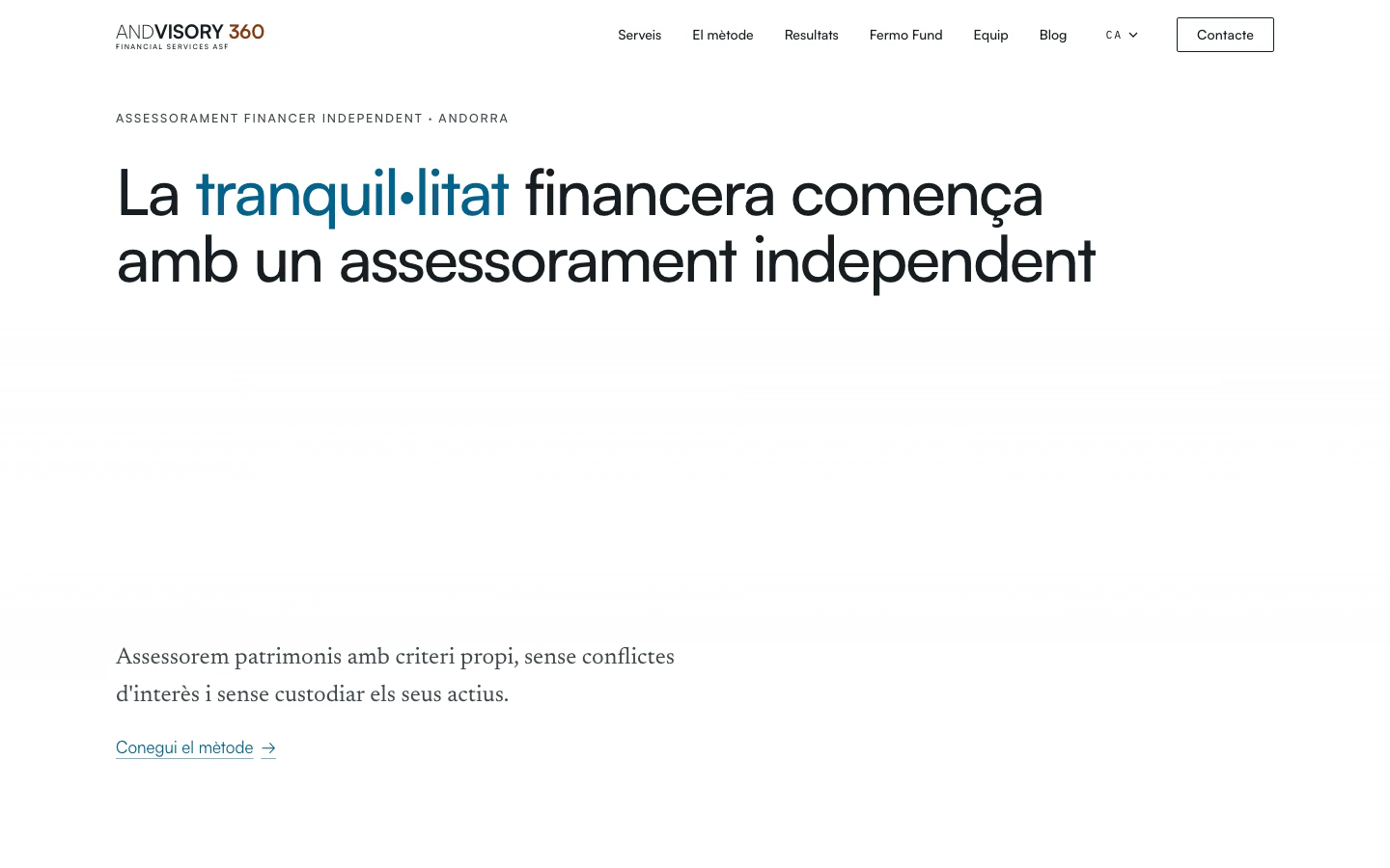 Portada del web d'Andvisory 360: titular gran sobre una foto clara de branques florides (Escriptori)